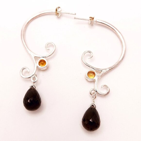 Citrine and Brown Topaz Teardrop Drop 925 Sterling Silver Scroll Work Earrings - Picture 3 of 4